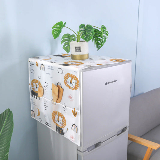 Lion-themed Dust Proof Fridge Cover with Pocket adds charm and utility to a refrigerator, featuring side pockets for utensils and decorative storage.