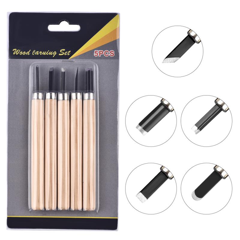 Woodworking Carving Knife Tools 5 PCS set with wooden handles and assorted blade shapes, ideal for detailed wood carving tasks.