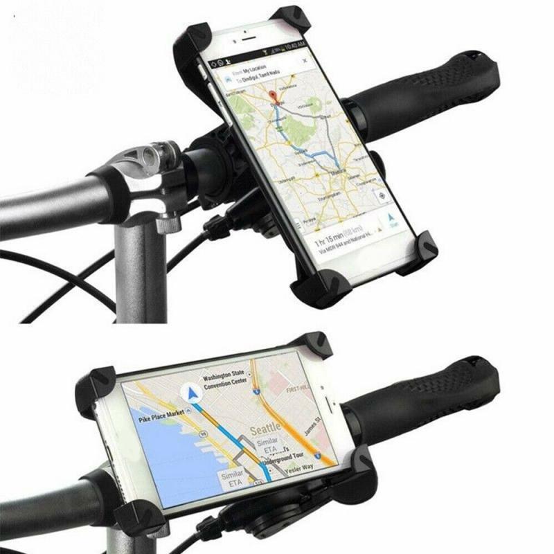 Motorcycle Bicycle Phone Holder mounted on bike handlebars holding smartphone with GPS, perfect for navigation during cycling or motorbike rides.