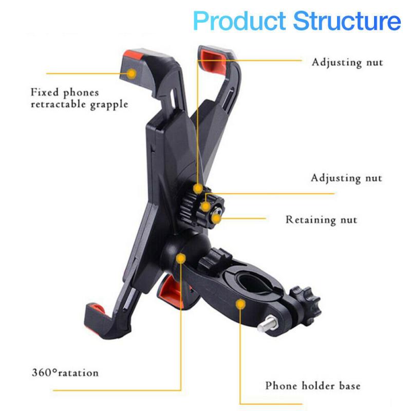 Motorcycle Bicycle Phone Holder structure diagram showing adjustable nuts, 360° rotation, and retractable grapple for secure phone attachment.