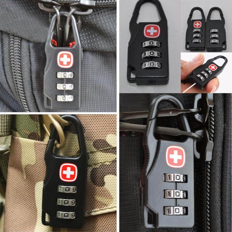 Multiple views of Portable Alloy Mini Lock for Luggage Bag showing its compact design and usage on backpacks. Buy travel locks in Sri Lanka.