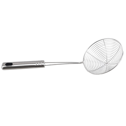 Stainless Steel Spider Strainer 20 cm with long handle, ideal for frying and oil straining. Durable kitchen tool for safe food lifting.