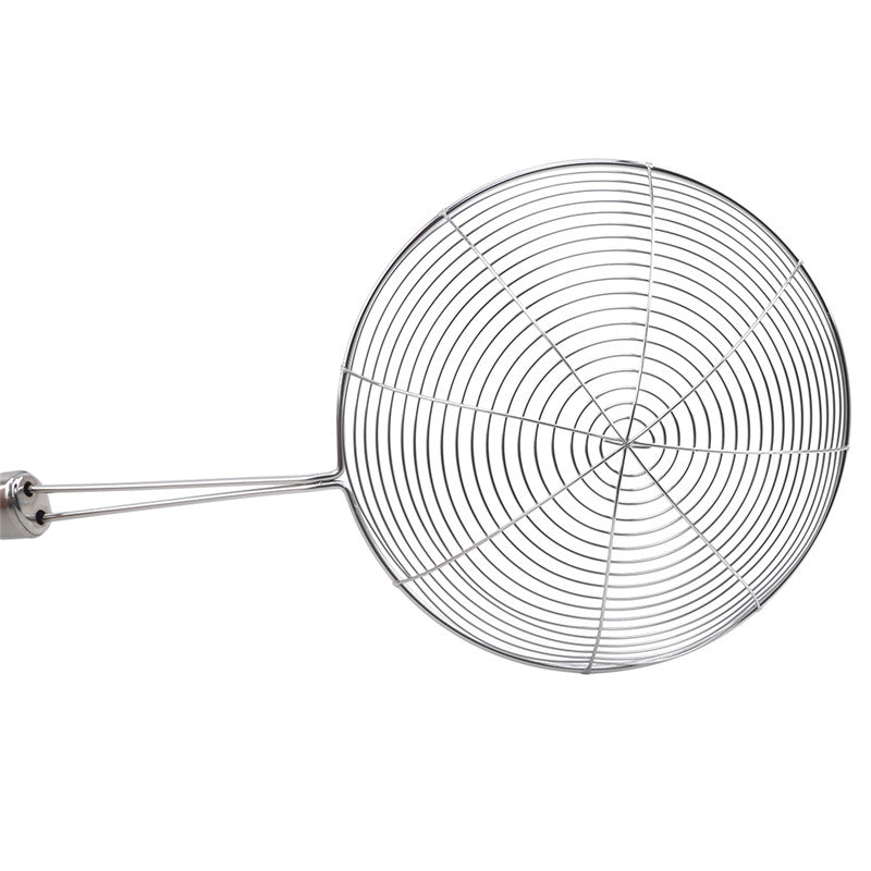 Top view of Stainless Steel Oil Strainer 20 cm with spiral mesh design. Efficient skimmer for frying and kitchen oil draining tasks.