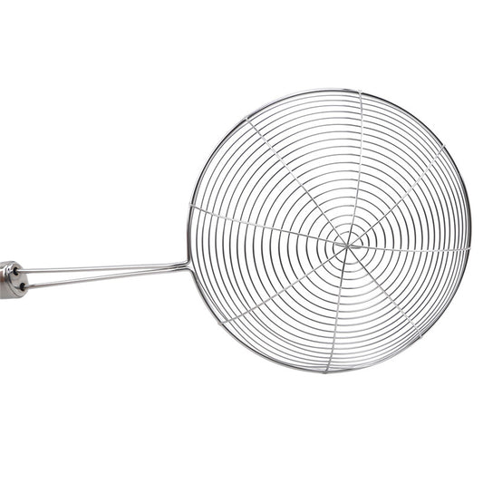 Top view of Stainless Steel Oil Strainer 20 cm with spiral mesh design. Efficient skimmer for frying and kitchen oil draining tasks.
