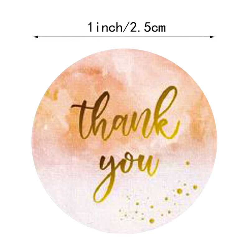 Single round Thank You Sticker in peach watercolor design with gold script, 1 inch in diameter, part of 500 pack matt finish labels.