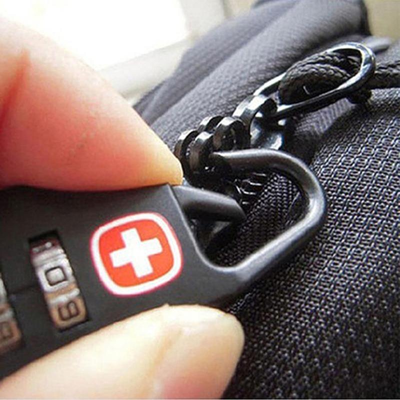 Close-up of Portable Alloy Mini Lock securing a zipper on a travel bag, perfect for luggage safety. Travel accessories price in Sri Lanka.