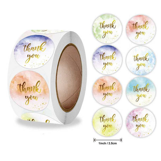 Thank You Stickers 500 Pack - Colorful Matt Finish roll with assorted watercolor designs in gold script, ideal for labeling gifts or packaging.