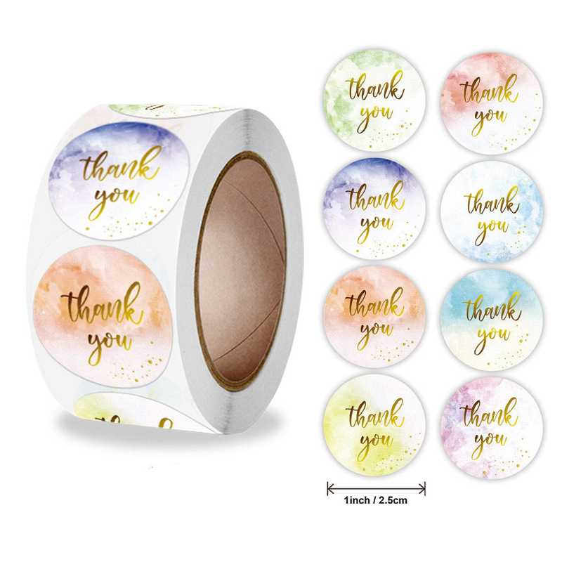 Thank You Stickers 500 Pack - Colorful Matt Finish roll with assorted watercolor designs in gold script, ideal for labeling gifts or packaging.