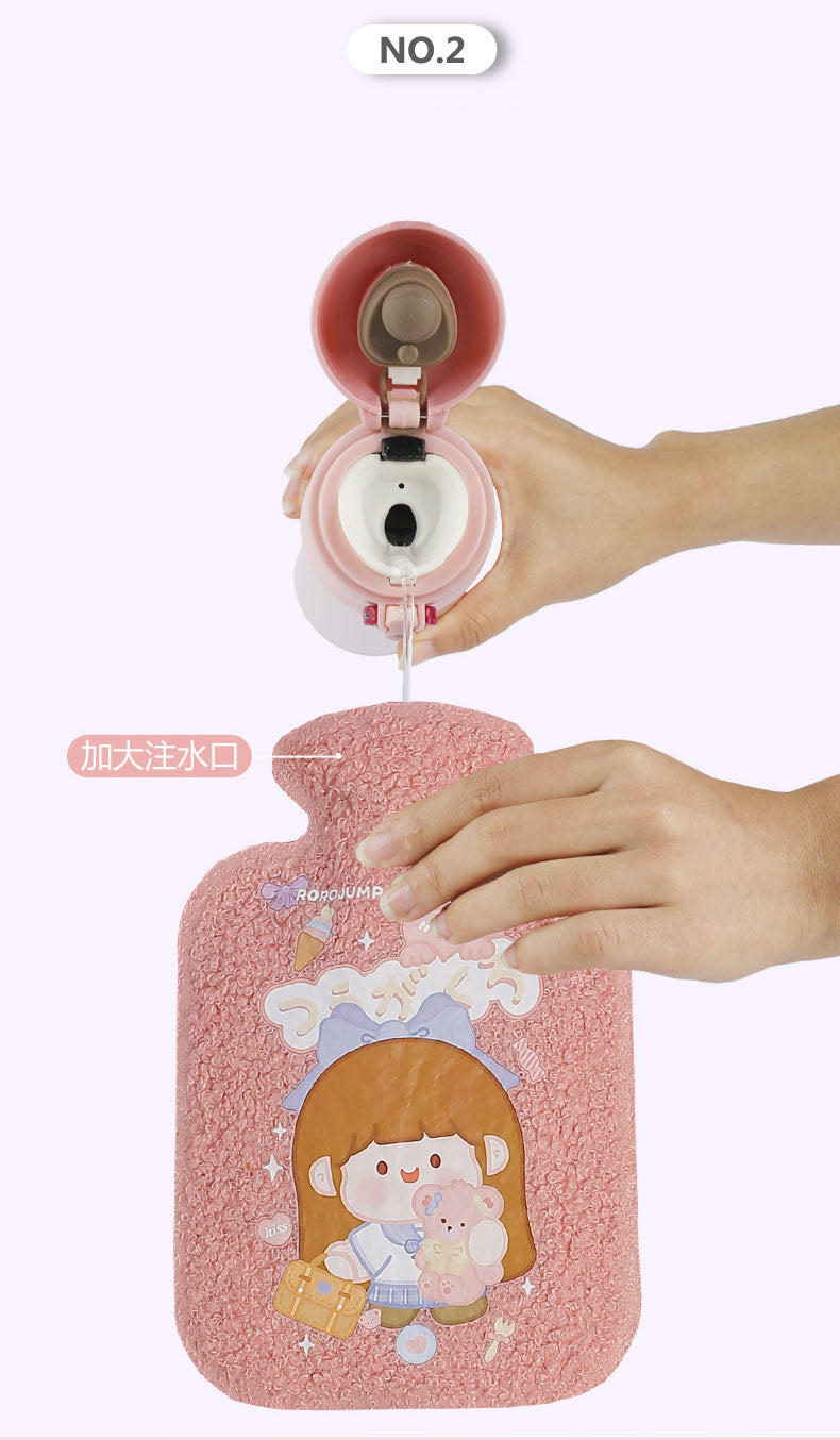Hand pouring water into a pink insulating plush hot water bottle with a cartoon girl design, showcasing its wide-mouth opening for easy filling.