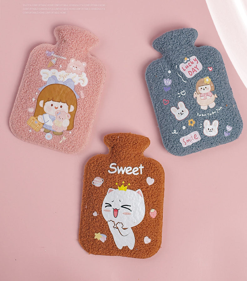 Set of three insulating plush hot water bottles with cute cartoon designs, ideal for warmth and comfort in bedding during cold nights.