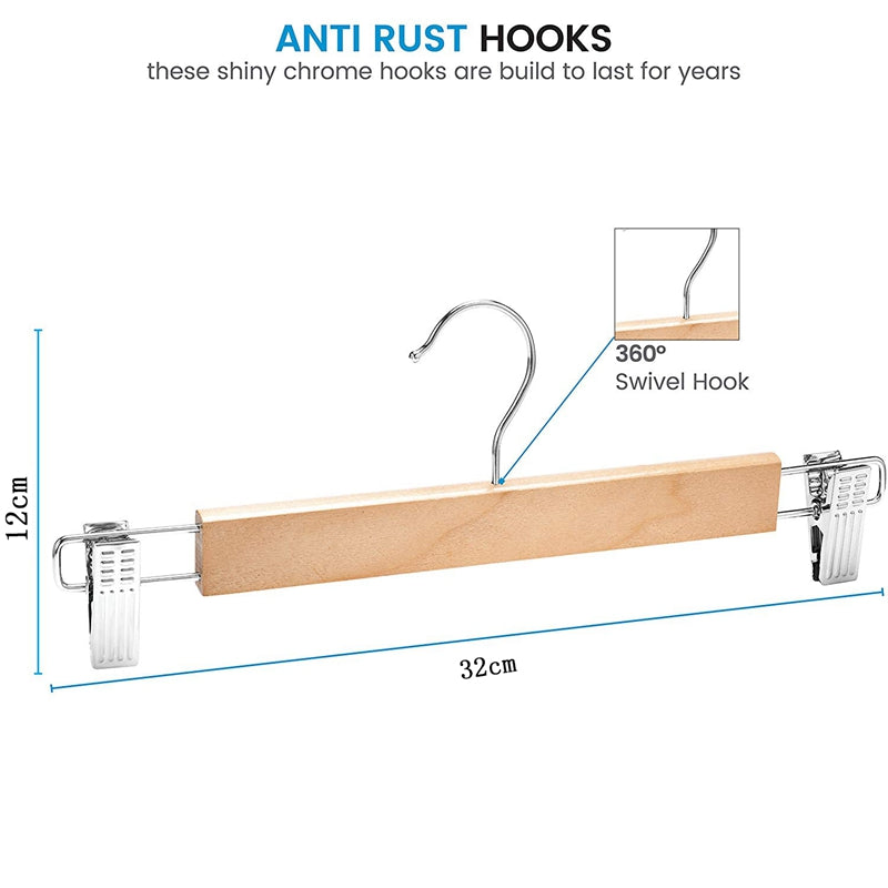 3PCS Wooden Jeans Hanger with 360° swivel anti-rust hook and adjustable clips, measuring 32cm wide for versatile garment hanging in Sri Lanka.