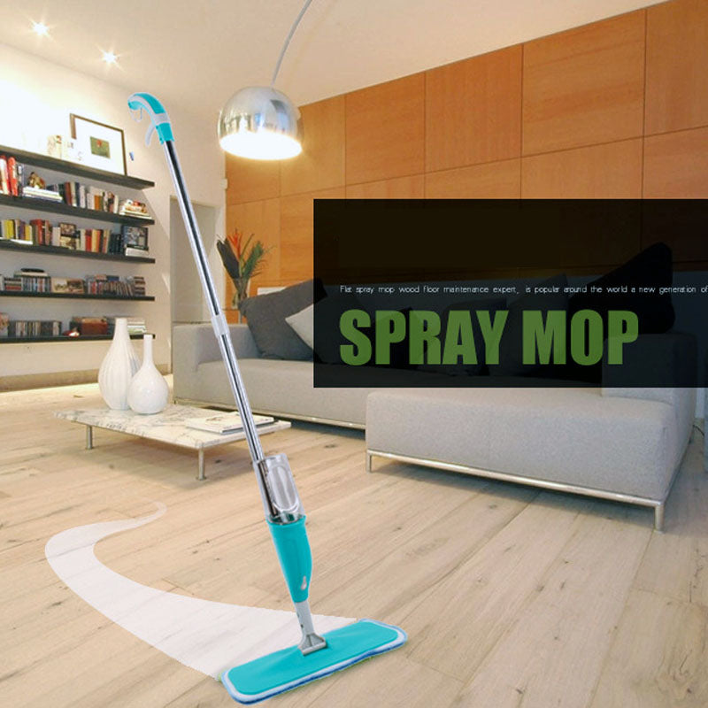 Healthy Spray Mop in modern living room spraying water on wooden floor, ideal for efficient home cleaning with reusable microfiber pad.