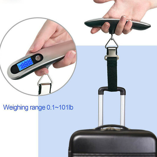 Portable Luggage Scale - Weigh Your Bags Anywhere | Bamagate.com. Digital luggage scale displaying weight on LCD screen, attached to suitcase handle.