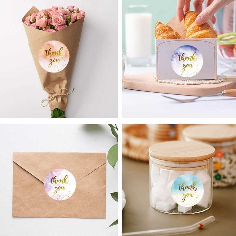 Colorful Thank You Stickers used on flower bouquets, food boxes, envelopes, and jars, perfect for crafting or office and party supplies.