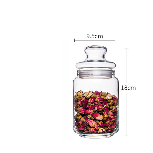 Medium 18cm Luminarc airtight glass jar with 9.5cm diameter, storing dried rosebuds, ideal for kitchen use from Bamagate.com in Sri Lanka