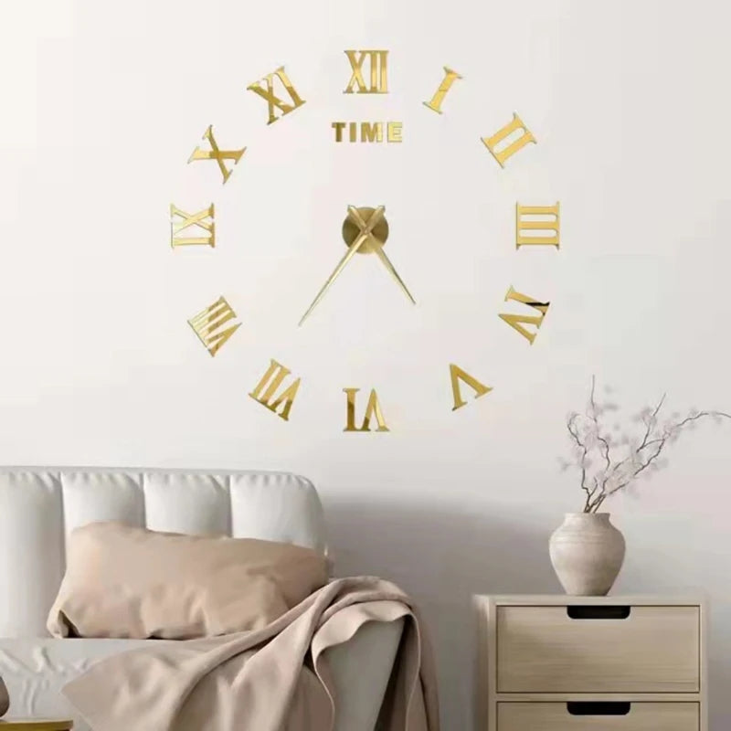 Gold 3D Sticker Wall Clock with Roman numerals and luxury mirror finish above a bed. Elegant wall decor for bedrooms in Sri Lanka.