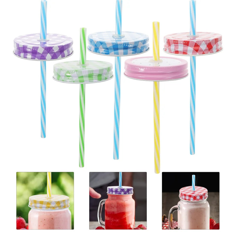 Set of colorful gingham-patterned mason jar lids with matching straws. Ideal for Glass Mason Jars, perfect for stylish drinkware and kitchen use.