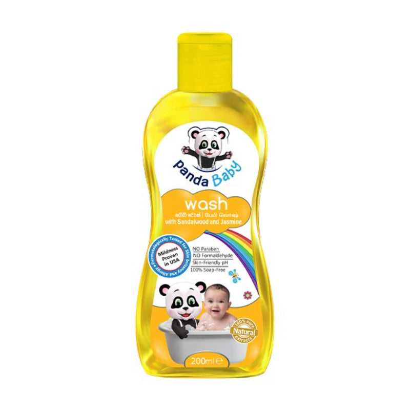 Panda Baby Wash with Sandalwood 100Ml in a yellow 200ml bottle, enriched with Gotukola extract for gentle baby cleansing. Ideal for baby bathing needs.