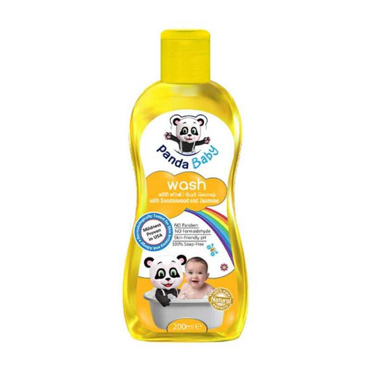 Panda Baby Wash with Sandalwood 100Ml in a yellow 200ml bottle, enriched with Gotukola extract for gentle baby cleansing. Ideal for baby bathing needs.