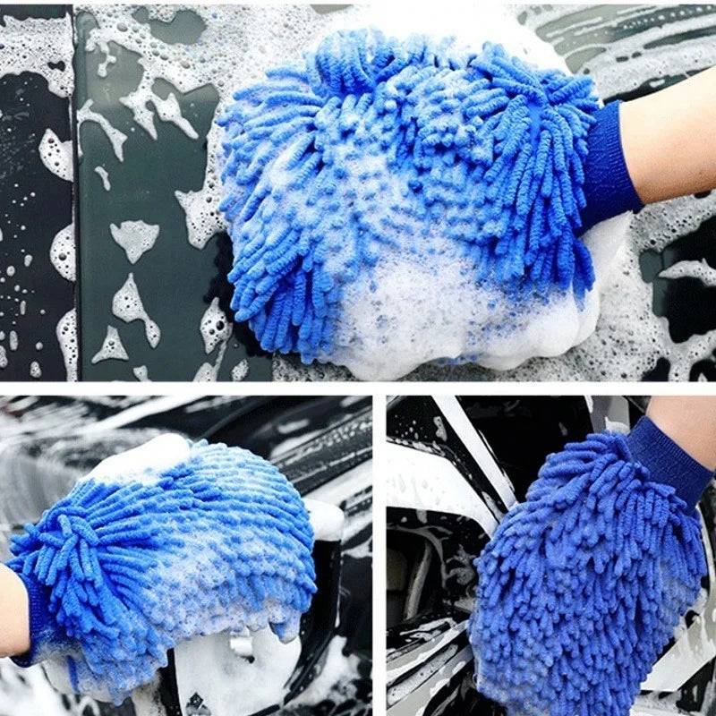 Multiple views of blue car wash gloves in action, removing dirt with thick microfiber strands. Ideal for thorough vehicle cleaning.