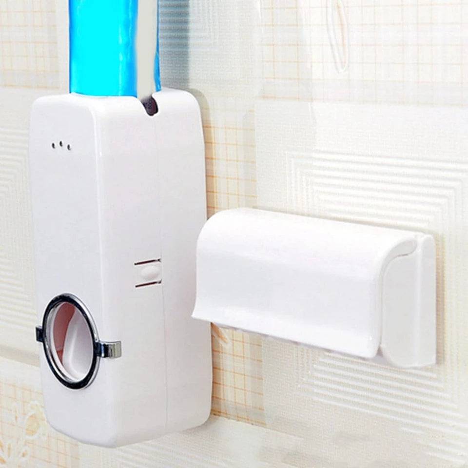 Side view of Automatic Toothpaste Dispenser and detachable toothbrush holder, ideal for reducing mess and organizing bathroom essentials.