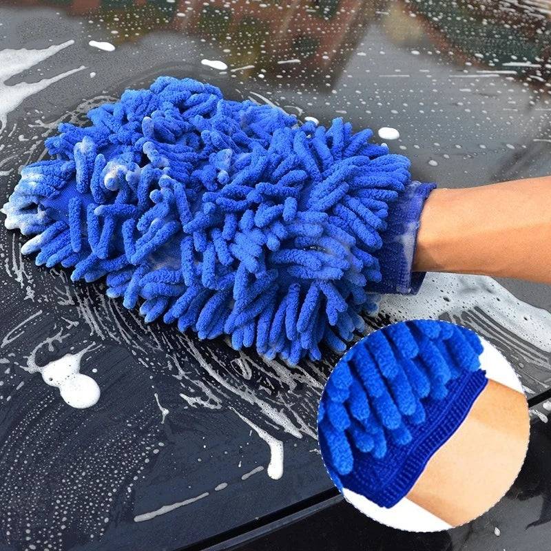 Blue car wash gloves with chenille microfiber texture cleaning a soapy car surface. Durable and waterproof for efficient dirt removal.