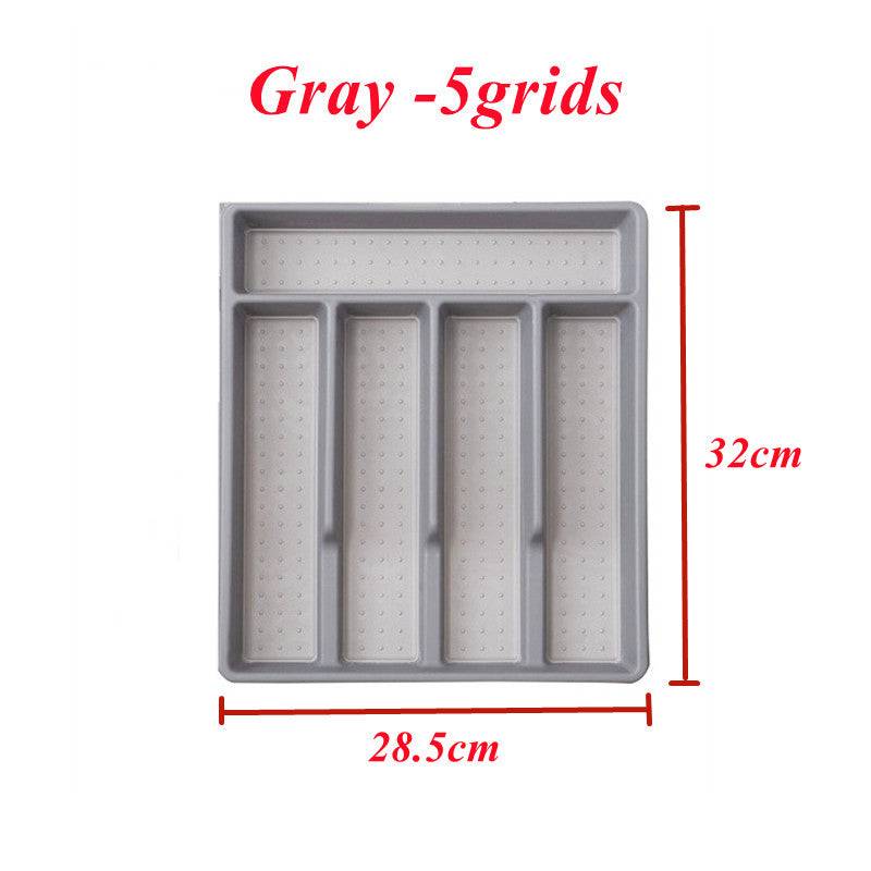 Gray 5 Grids Cutlery Tray Organizer with labeled dimensions 32x28.5cm, designed for efficient kitchen drawer organization.