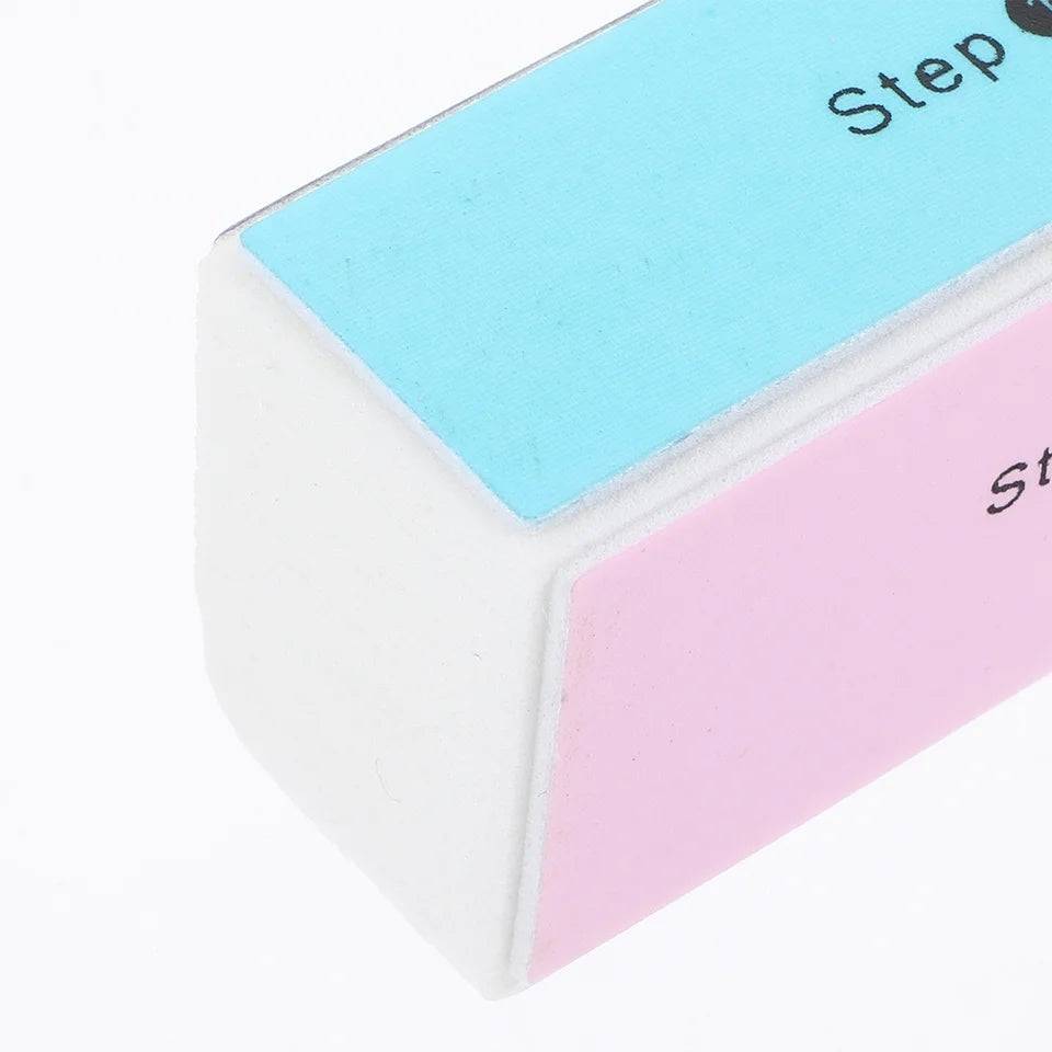 Close-up of Nail Buffer Block 4 Way showing Step 1 File and Step 2 Remove Ridges. Multi-surface design for professional nail treatment.