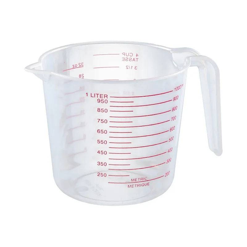 Plastic Measuring Cup 1000ml - Dishwasher-Safe with red metric and imperial markings, ideal for precise kitchen measurements.