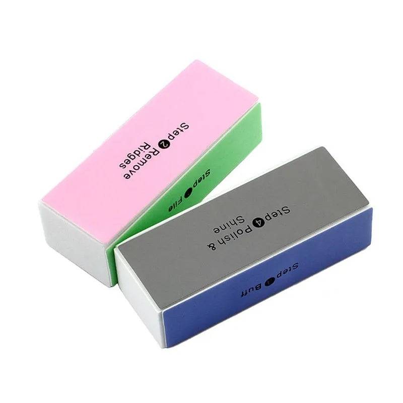Two Nail Buffer Block 4 Way tools with labeled sides for filing, buffing, polishing, and shining nails. Essential for nail care and grooming.