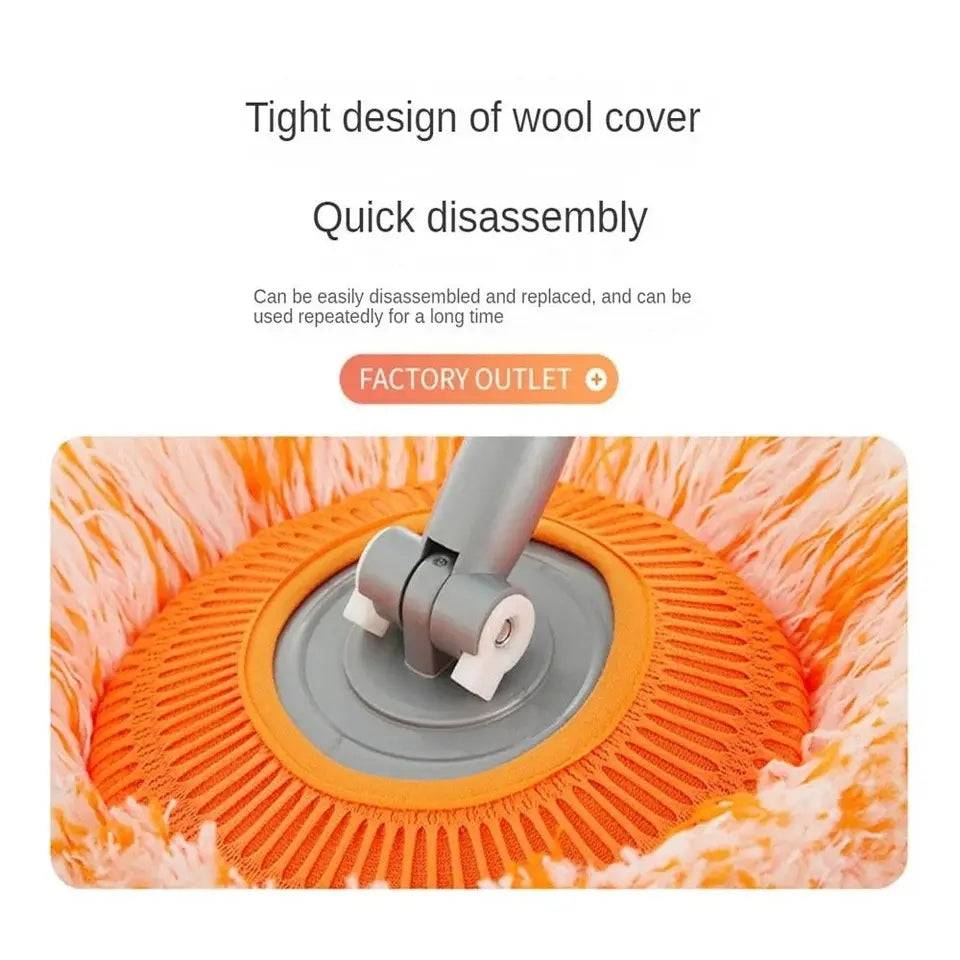 Close-up of Rotatable Cleaning Mop’s wool cover with quick disassembly feature. Durable and reusable for long-term household cleaning.