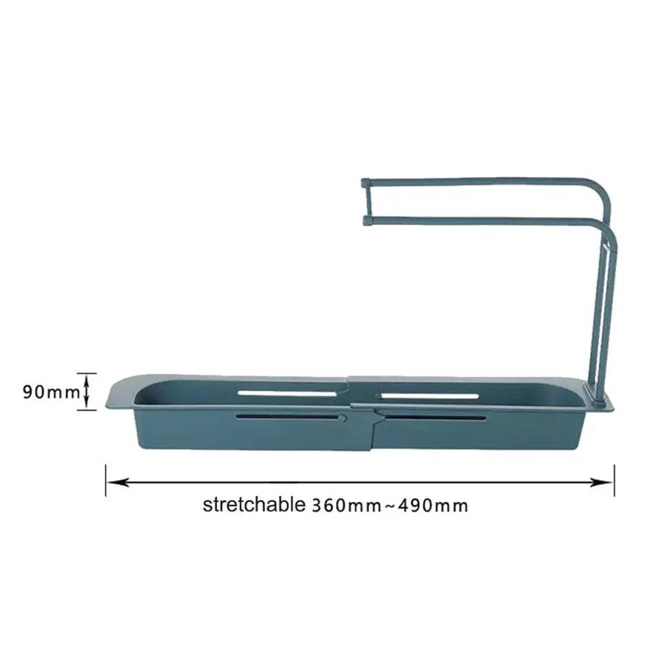 Adjustable Kitchen Sink Shelf Organizer with extendable length from 360mm to 490mm, ideal for maximizing sink space and storage.
