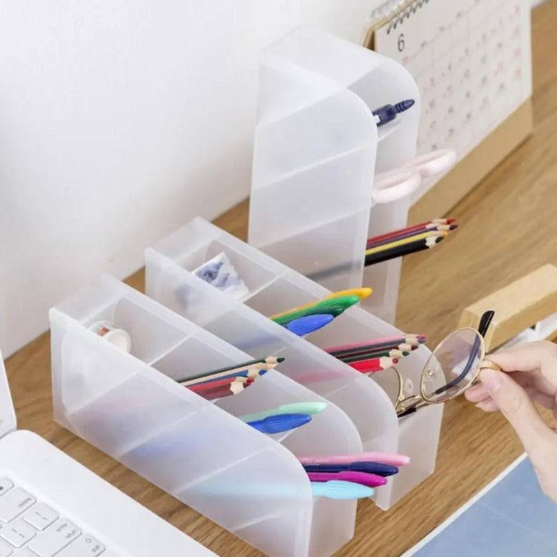 Multiple Office Desk Organizer Storage Holders arranged on a desk, storing pens, pencils, and glasses for efficient workspace organization.