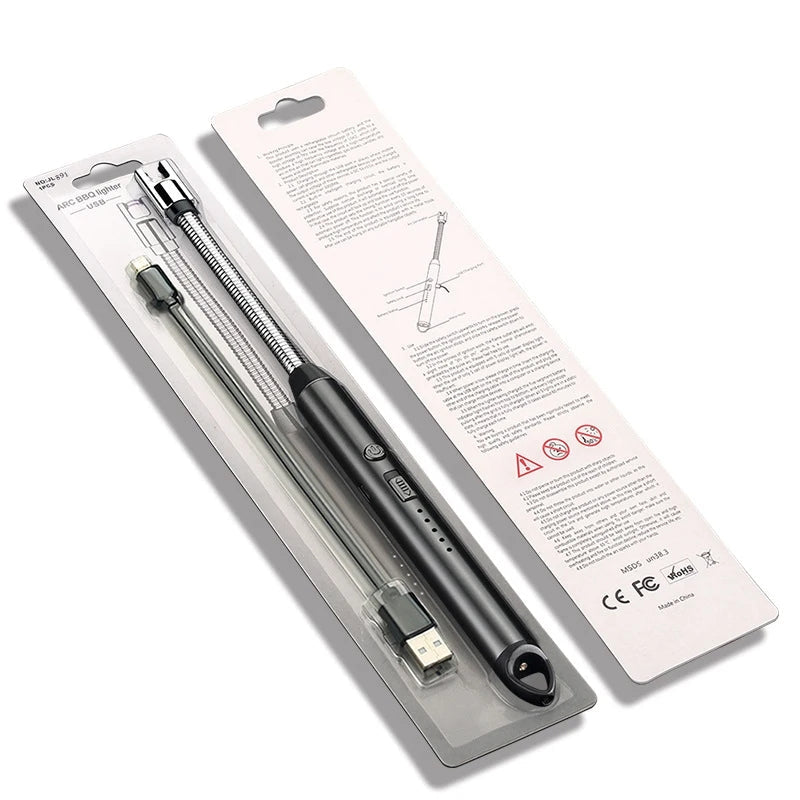 ARC BBQ Lighter USB in retail packaging with USB cable and instructions, perfect kitchen tool for lighting stoves and grills.