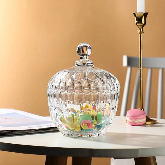 Crystal Glass Candy Jar 7 inch with lid, filled with colorful sweets, ideal for kitchen storage or serving in Sri Lanka