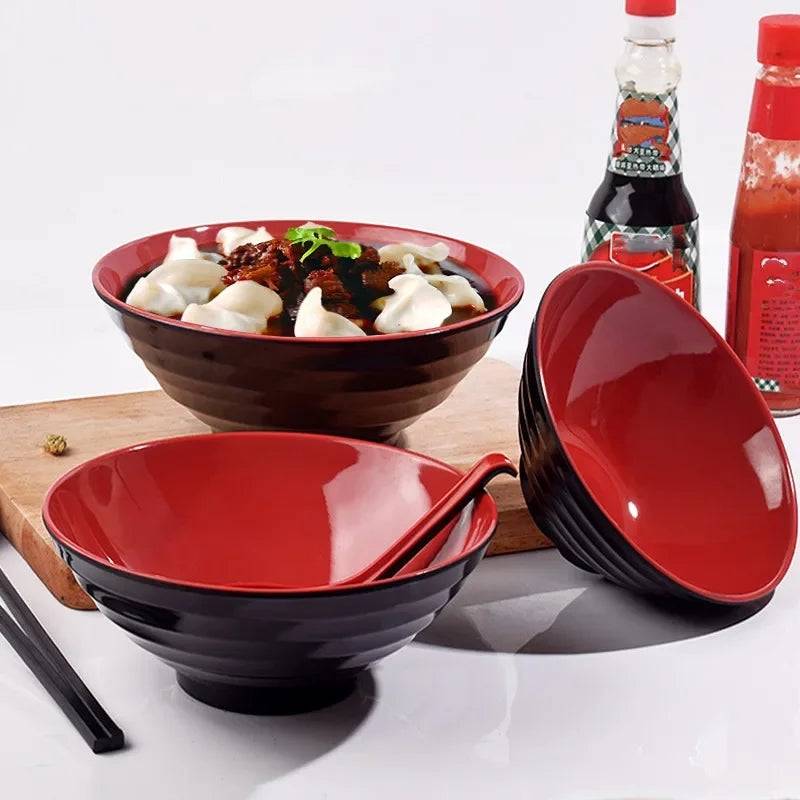 Durable 17 cm Melamine Noodles Bowl in Black Red, shown with food and chopsticks, perfect for stylish Asian-style dining.