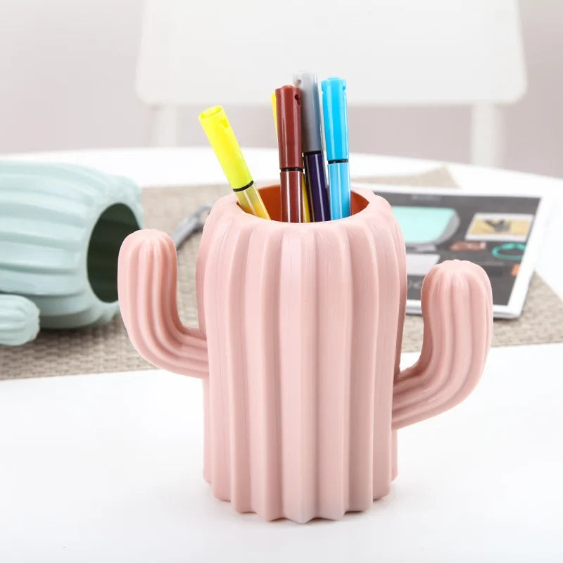 Pink Cactus Plastic Pen Holder filled with colorful pens, stylish pencil holder for neat office or school desk organization in Sri Lanka.
