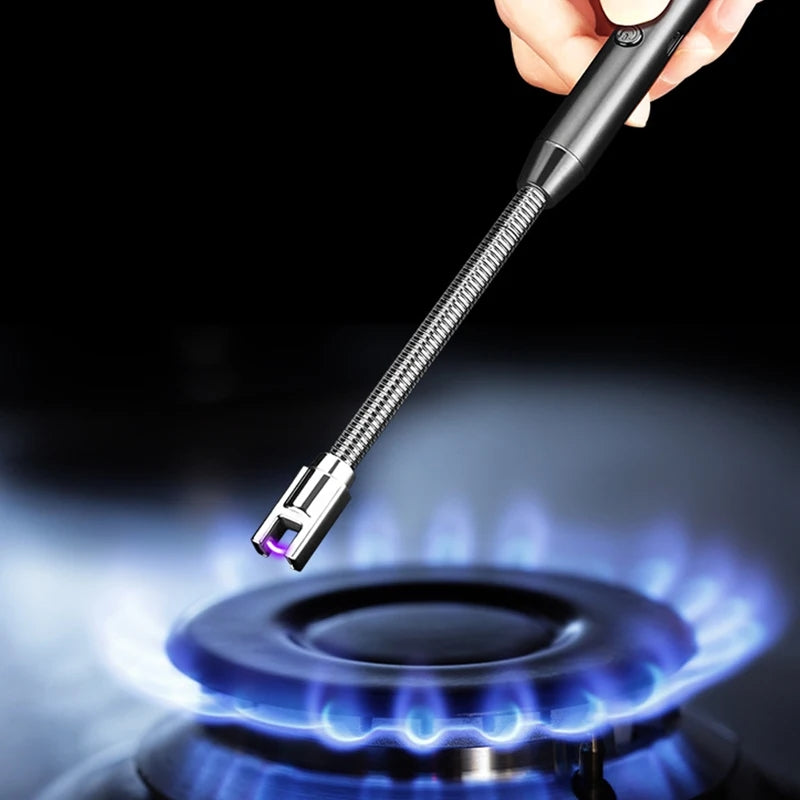 ARC BBQ Lighter USB igniting a gas stove burner with blue flame, ideal for kitchen appliances and gas cookers in Sri Lanka.