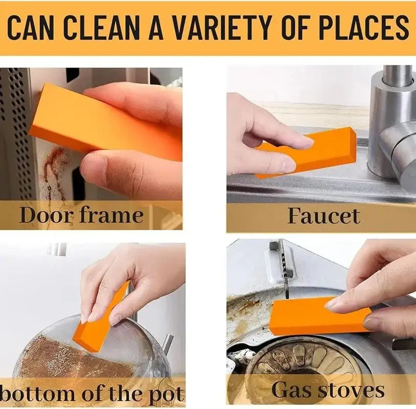 Magic rubber eraser cleans door frames, faucets, pot bottoms, and gas stoves, making it a versatile household cleaning essential.
