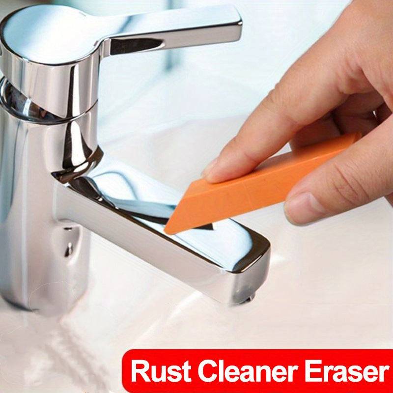 Magic rubber eraser removes rust and scale from chrome faucet, ideal for deep cleaning stainless steel surfaces in kitchens and bathrooms.