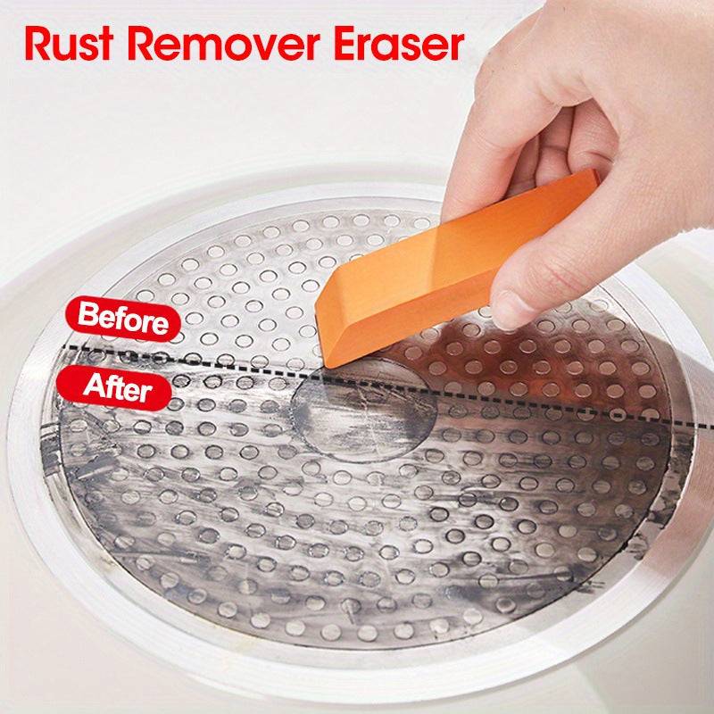 Rust remover eraser shows before and after results on a metal surface, effectively eliminating stubborn buildup and restoring shine.