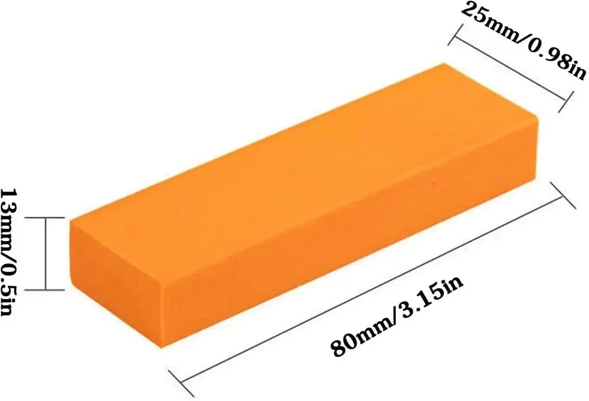 Orange rust and scale remover eraser with dimensions 80mm x 25mm x 13mm, compact and easy to use for household cleaning tasks.