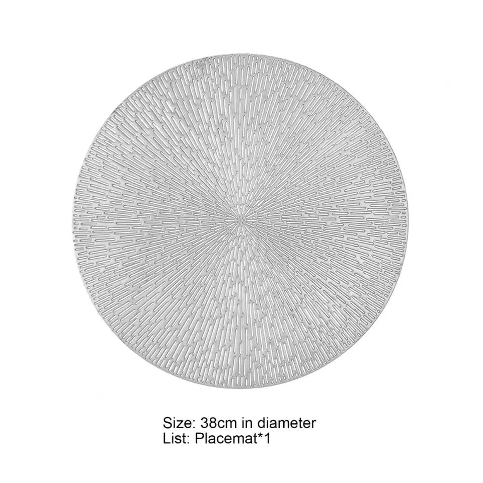Single silver vinyl placemat 38 cm with radial line pattern, durable and elegant table linen for home dining, available at Bamagate.com