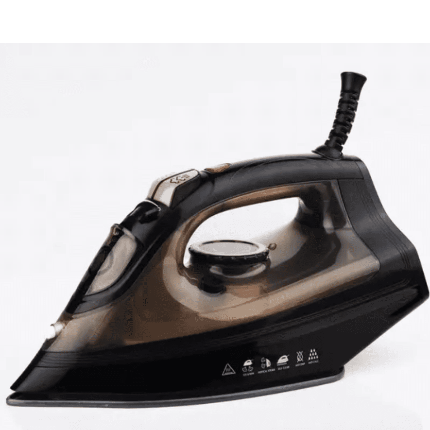 Close-up of Richpower Steam Iron RPI-3571ST in matte black finish with steam burst icons and anti-drip feature, designed for smooth garment care.