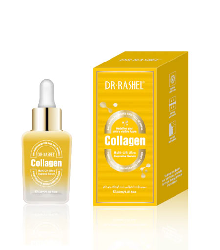 Dr. Rashel Collagen Multi-Lift Ultra Supreme Serum 50ml with dropper bottle and bright yellow packaging for anti-aging skincare routine.
