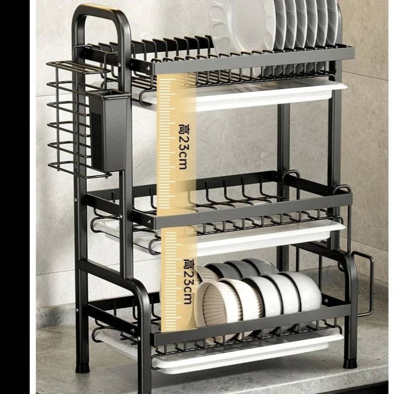 3-Layer Kitchen Plate Rack with 23cm spacing between tiers for organized dish storage. Ideal for compact kitchens in Sri Lanka.