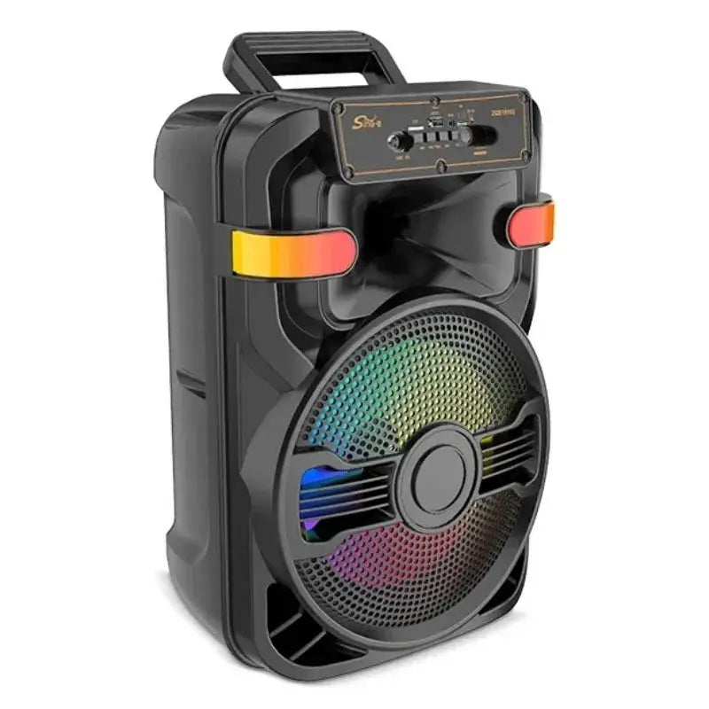 Sing-e Portable Karaoke Bluetooth Speaker with LED lights and built-in handle, ideal for outdoor square dance and party use.