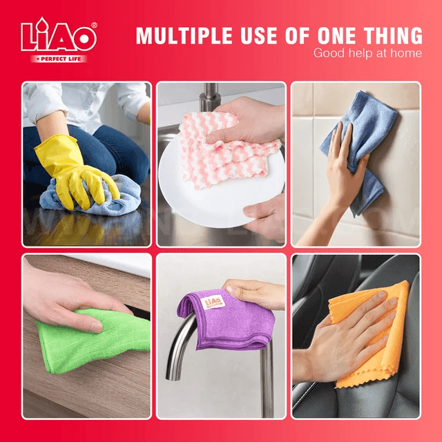 LIAO Multipurpose Cloths - Microfiber Cleaning | 12 Pack, Multi-Color shown in use for kitchen, bathroom, and surface cleaning. Ideal for dust and grime removal.