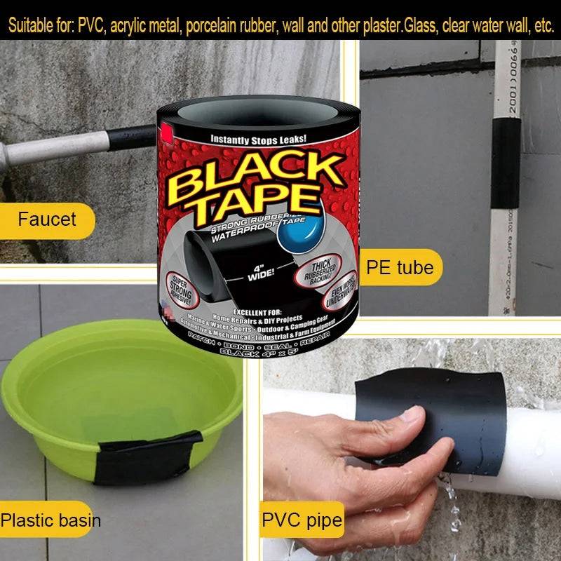 Waterproof Flex seal Flex Tape used on faucets, PE tubes, plastic basins, and PVC pipes for effective waterproof sealing and leak repair.