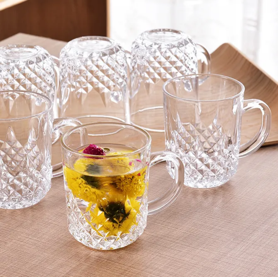 Diamond Cut Tea Cup Set 240ml - Clear Design featuring six elegant clear glass cups with intricate diamond patterns, perfect for tea lovers.
